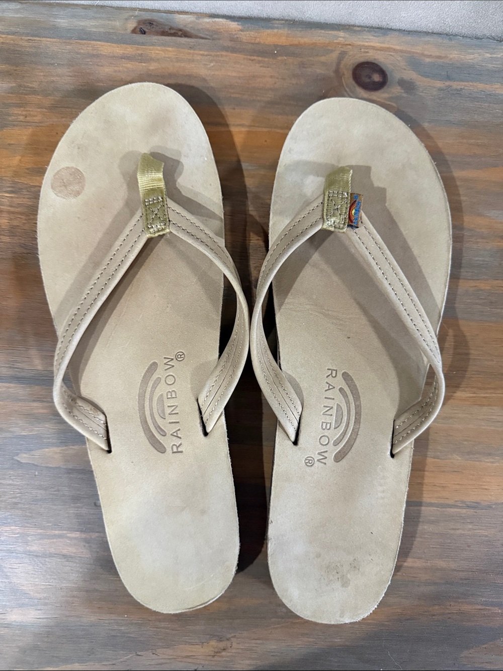 Rainbow Women's Tan Suede Flip Flop Sandals with Olive Accent
